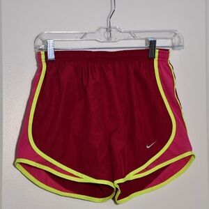 Nike Women's Red and Pink Athletic Shorts with Yellow Trim